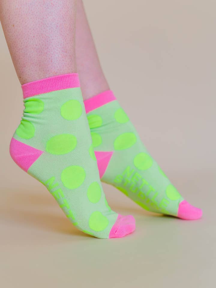 Women’s Spring Novelty Cotton Neon Yellow Dot Ankle Socks for wholesale by Nettle Studios