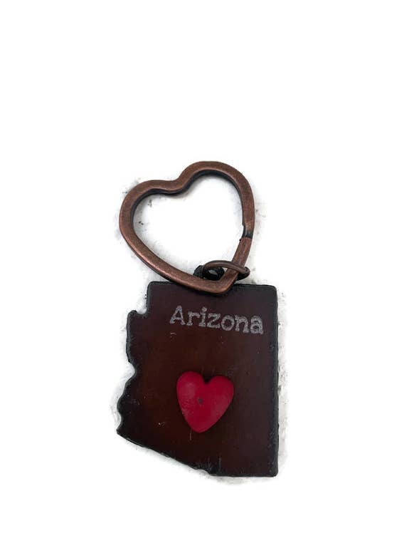 Rustic Keychain ARIZONA shape and red heart for wholesale by The Rustic Barn