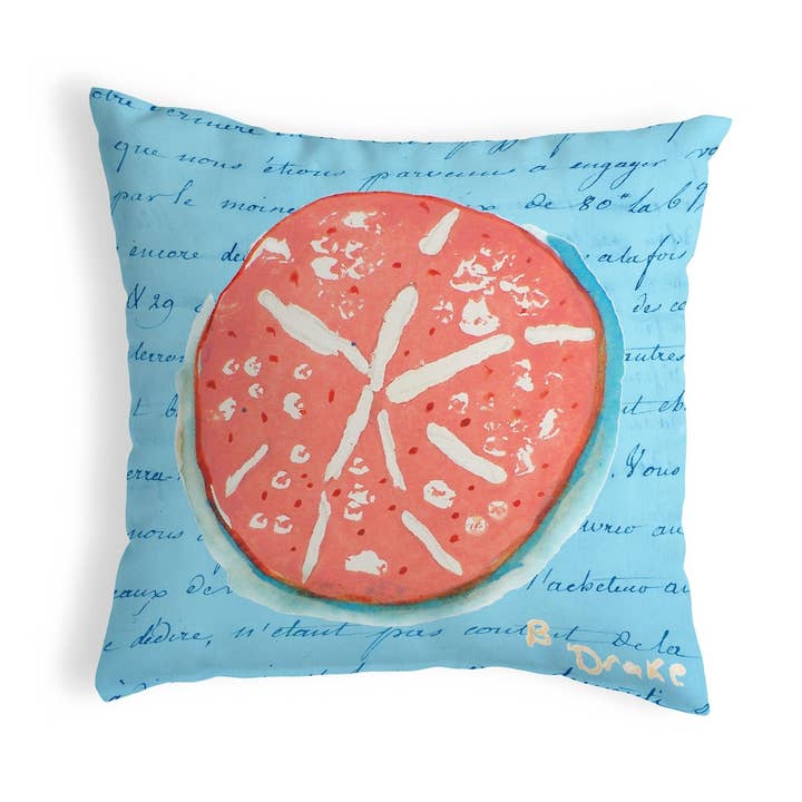 Coral Sand Dollar Blue Pillow for wholesale by Betsy Drake Interiors