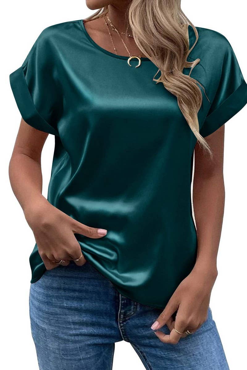 NINEXIS - Wholesale Blouse - Women's - CWTBLS1775_SATIN ROUND NECK LOOSE SHORT-SLEEVED TOP11