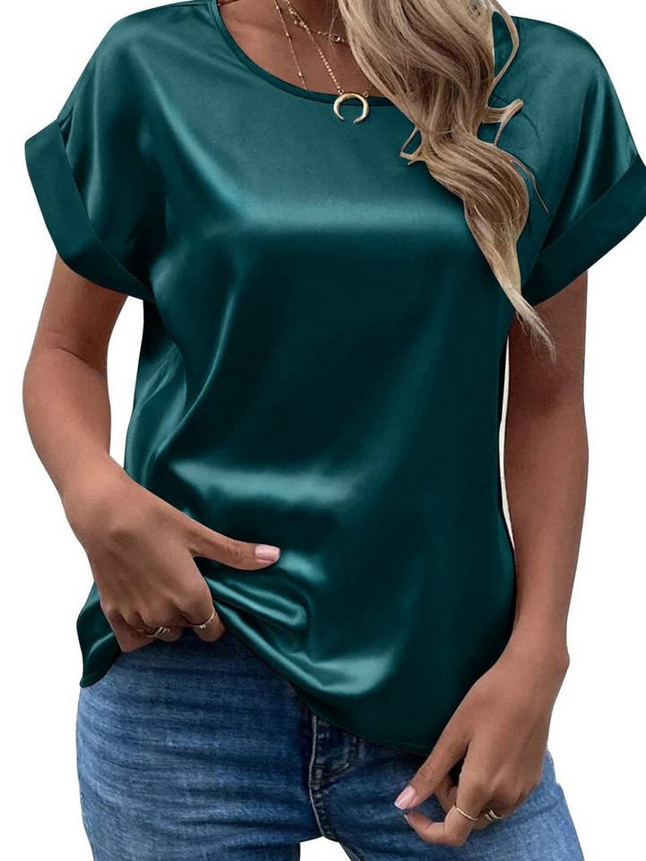 NINEXIS - Wholesale Blouse - Women's - CWTBLS1775_SATIN ROUND NECK LOOSE SHORT-SLEEVED TOP11