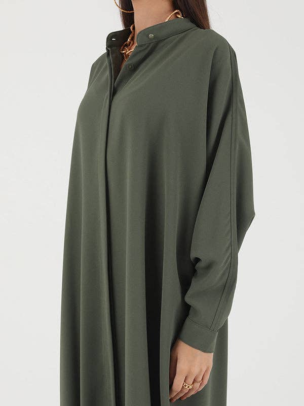 StyleGalX – Vestido - Mulher por atacado – Vestido muçulmano maxi de manga morcego larga com botões, decote redondo e fendas laterais, cores sólidas3