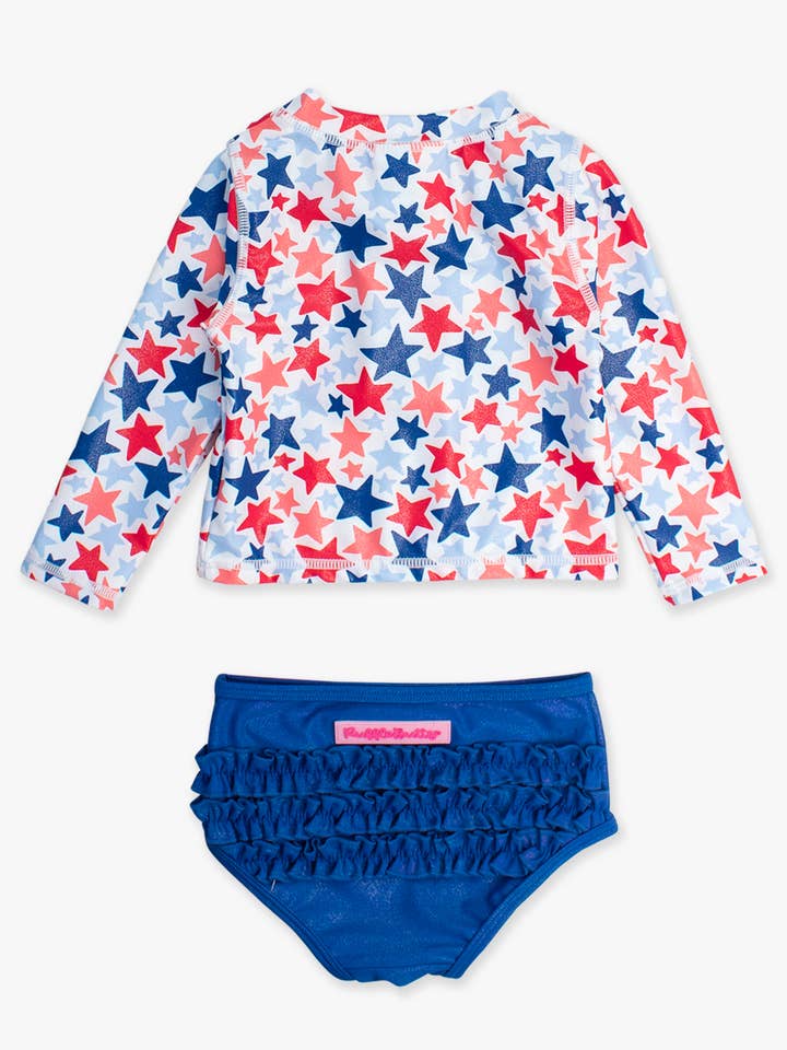 Multi Color Girls Shimmer Star-Spangled Long Sleeve Zipper Rash Guard 2-Piece Swimsuit with Signature Rear Ruffles
for wholesale on Faire