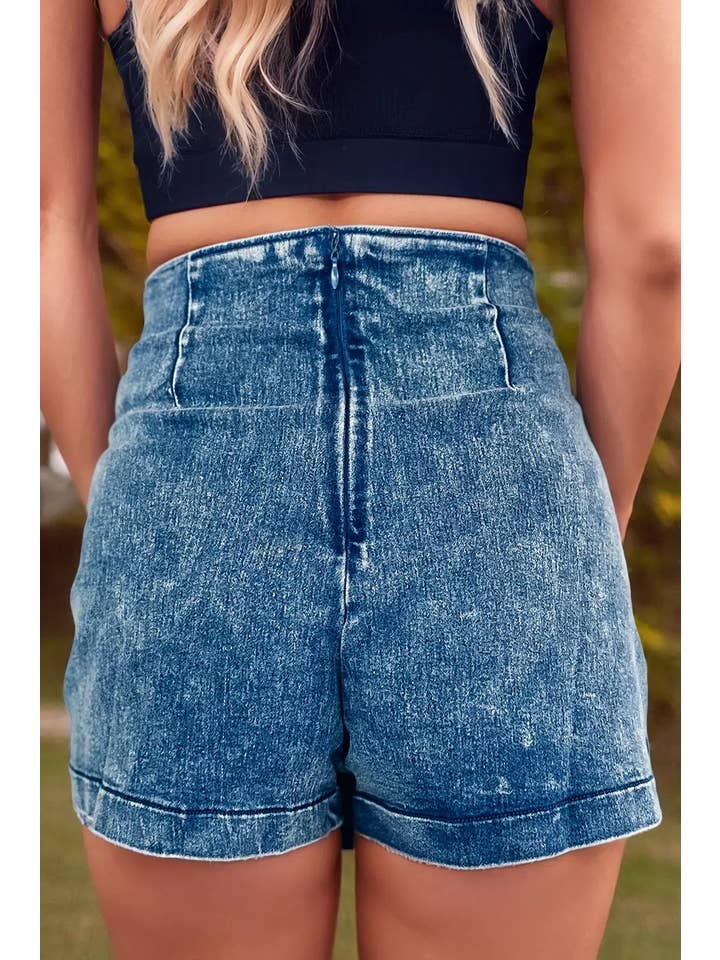 Blue Acid Wash Asymmetric Twisted Wrapped Zipped Denim Skort for wholesale on Faire
