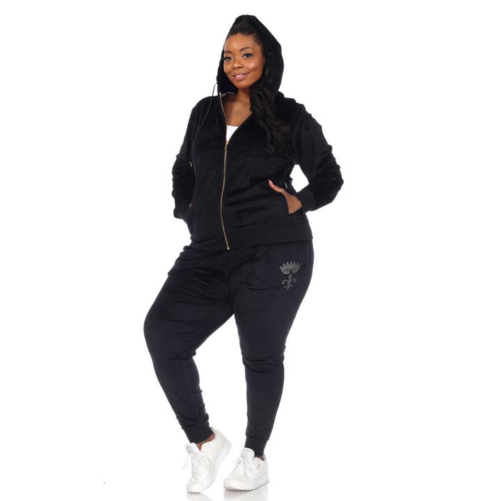 WHITE MARK – Großhandel Trainingsanzug – Damen – Plus Size Strass 2-teiliges Velour-Trainingsanzug-Set