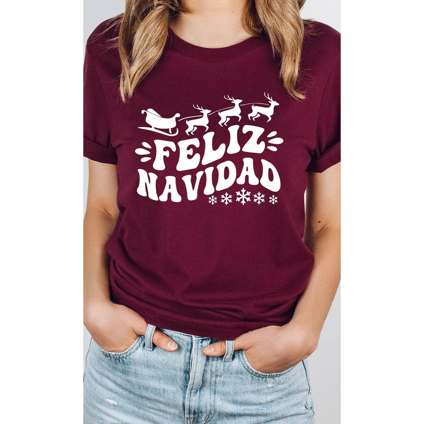 Kissed Apparel - Wholesale Screen Printed T-Shirt - Women's - Sleigh and Reindeer Feliz Navidad Graphic Tee4