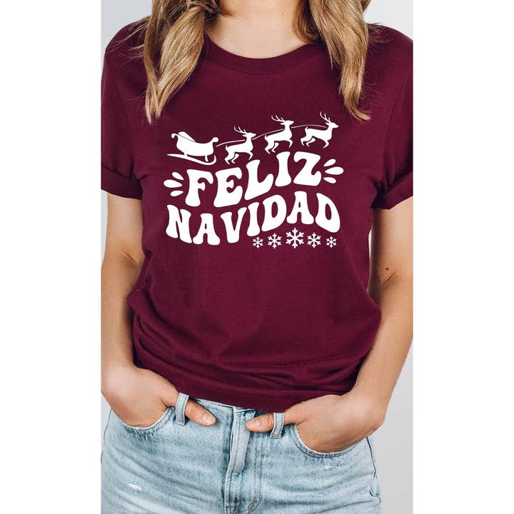 Kissed Apparel - Wholesale Screen Printed T-Shirt - Women's - Sleigh and Reindeer Feliz Navidad Graphic Tee4