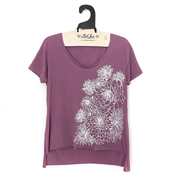 Purple Scoop Hi Lo Tee with Chrysanthemums for wholesale by Mad Love Shop