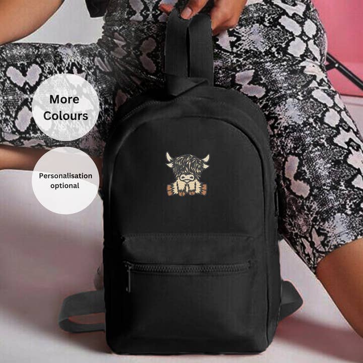 Scottish Highland Cow Embroidered mini essential rucksack for wholesale by Thread and Needles Co