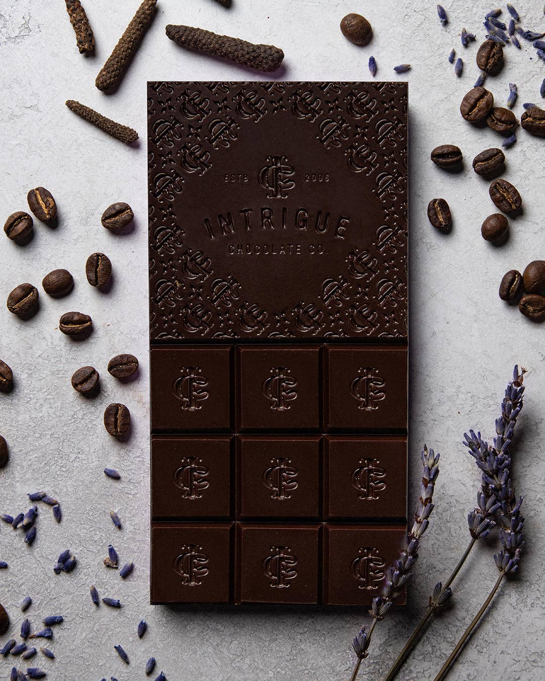 Intrigue Chocolate Co. - Wholesale Chocolate Bar - Lavender, Coffee, Long Pepper Bar1