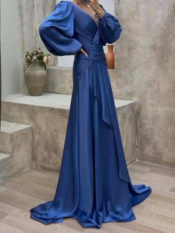 FurDecoration - Wholesale Gown - Women's - Look-Thin Pleated Solid Color V-Cut Long Sleeves Maxi Dresses7
