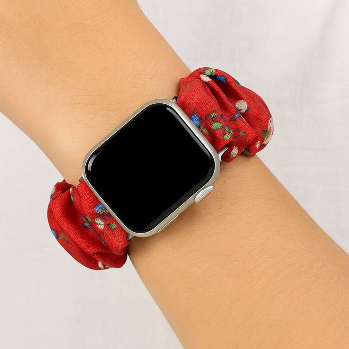 Betty James - Wholesale Watch Band/Strap - Women's - Scrunchie Elastic Watch Strap - Red w/ Flowers1