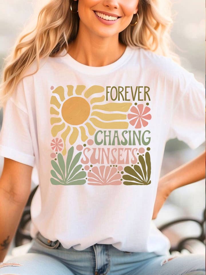 Forever Chasing Sunsets Graphic Heavyweight Cotton Tee. for wholesale by DG WORLD