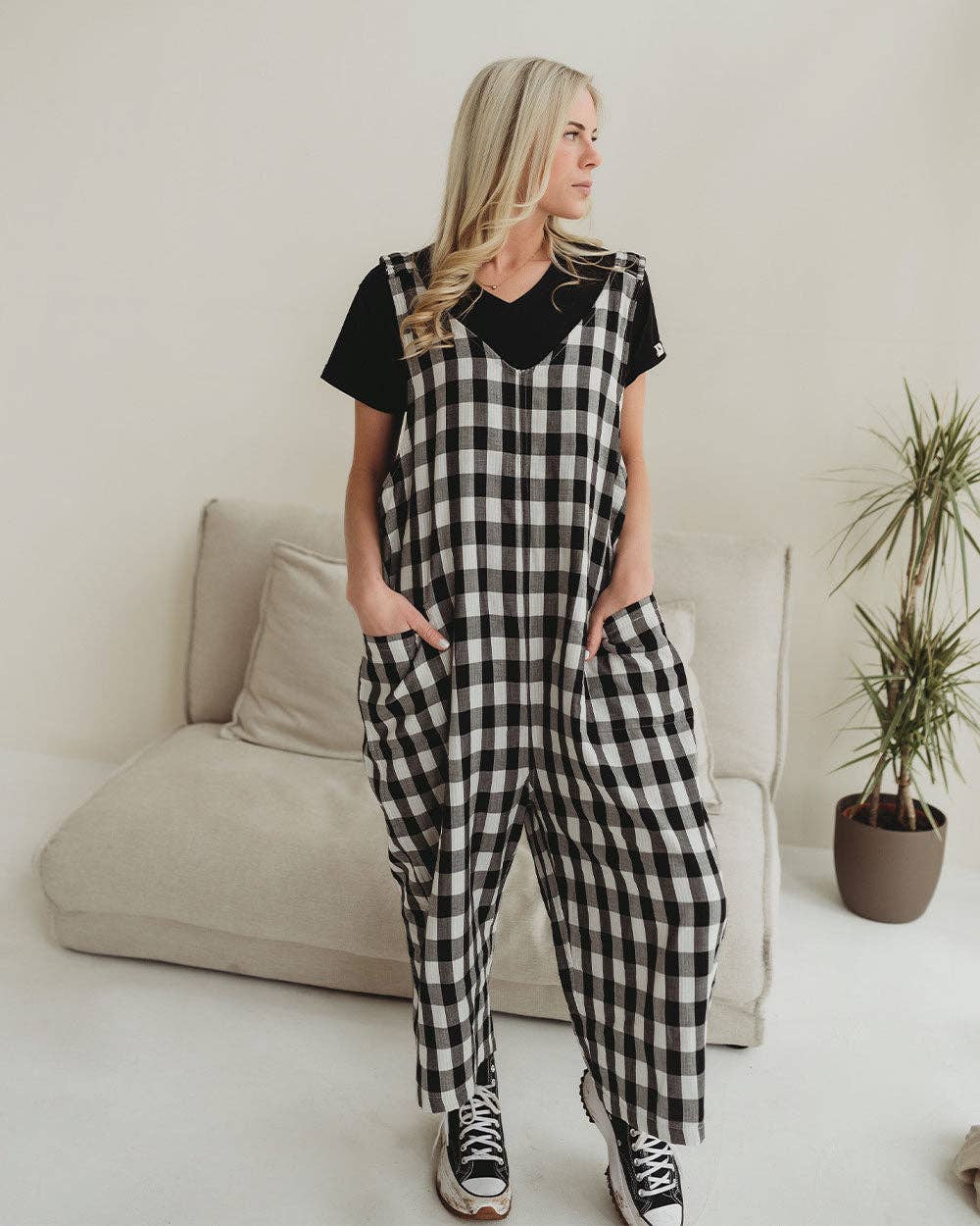 Multi Grace Multicolour Check Print Reversible Wide Leg Jumpsuit for wholesale on Faire1