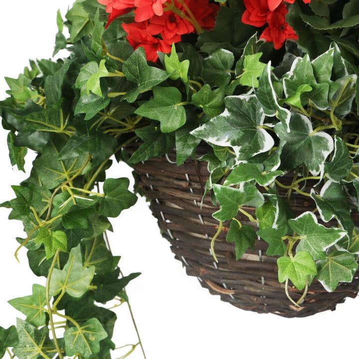 Closer2Nature – wholesale Artificial plant – Artificial Red Begonia and Yellow Geranium Display in a 12" Round Willow Hanging Basket3