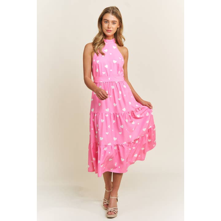 Sweet Generis - Wholesale Dress - Women's - SOFT WOVEN VALENTINE HEART PRINT HULTER NECK MIDI DRESS WITH