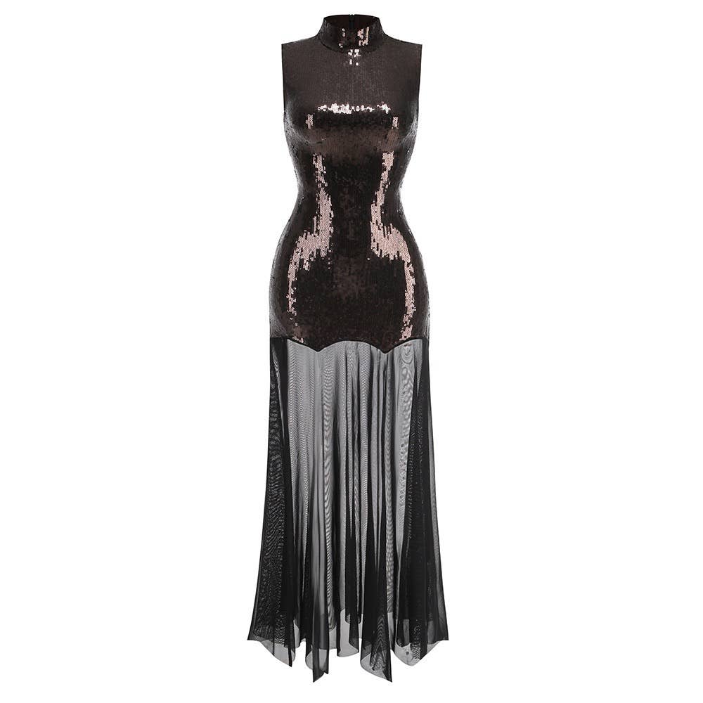 Marrón oscuro+Negro Vestido de noche elegante DR579 con cuello alto y lentejuelas translúcidas de venta al por mayor en Faire3