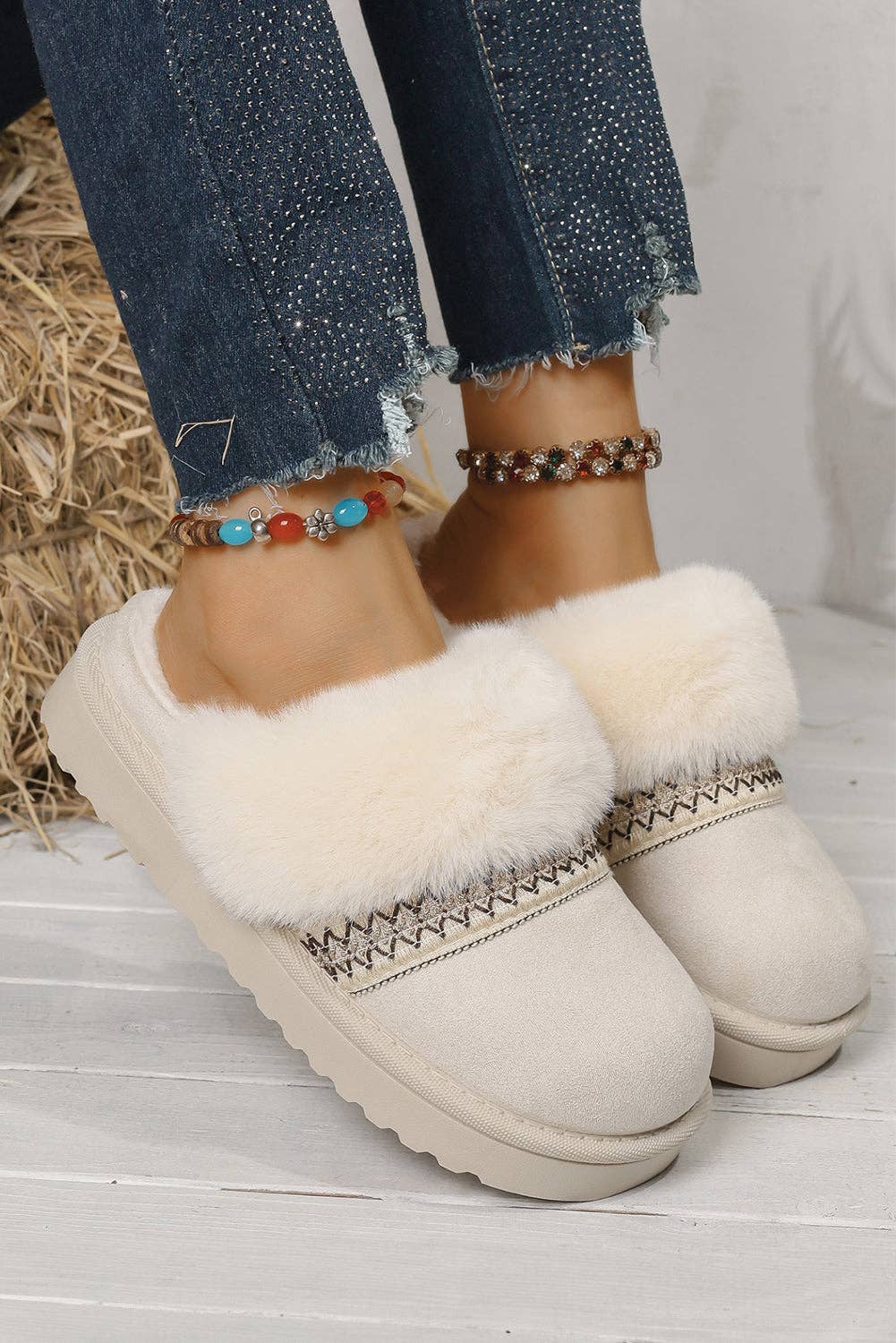 Lovesoft - Wholesale Slippers - Women's - Faux Suede Plush Trim Ethnic Mule Slippers8