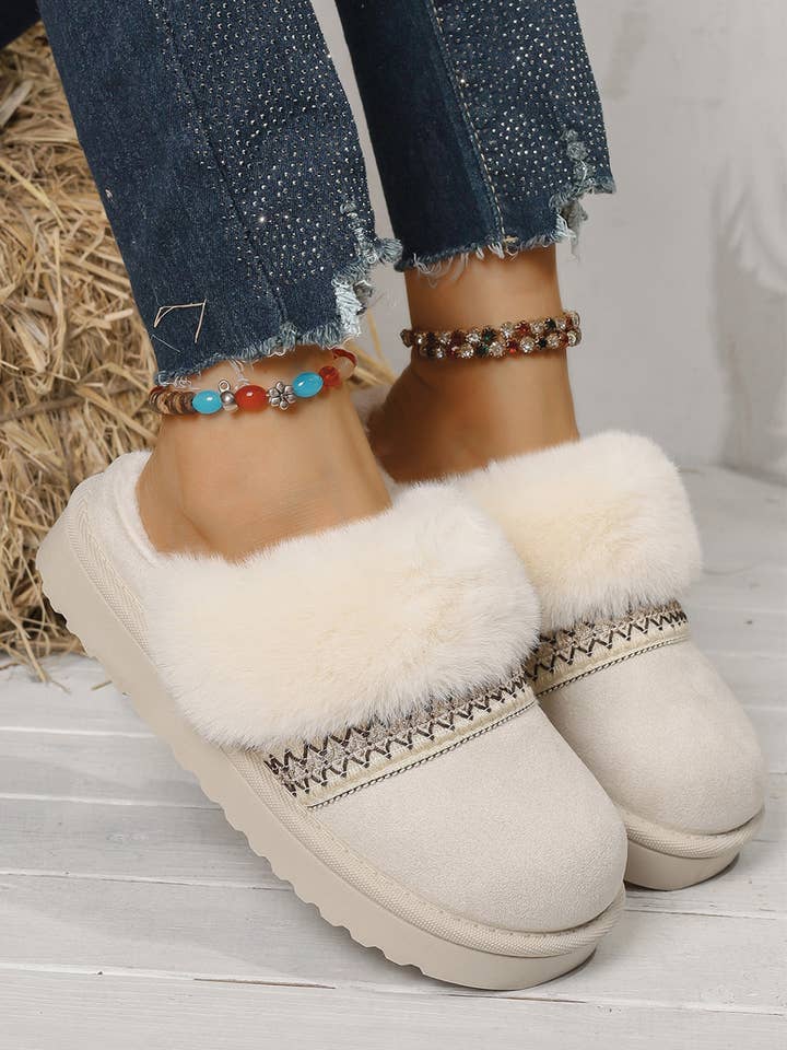 Lovesoft - Wholesale Slippers - Women's - Faux Suede Plush Trim Ethnic Mule Slippers8