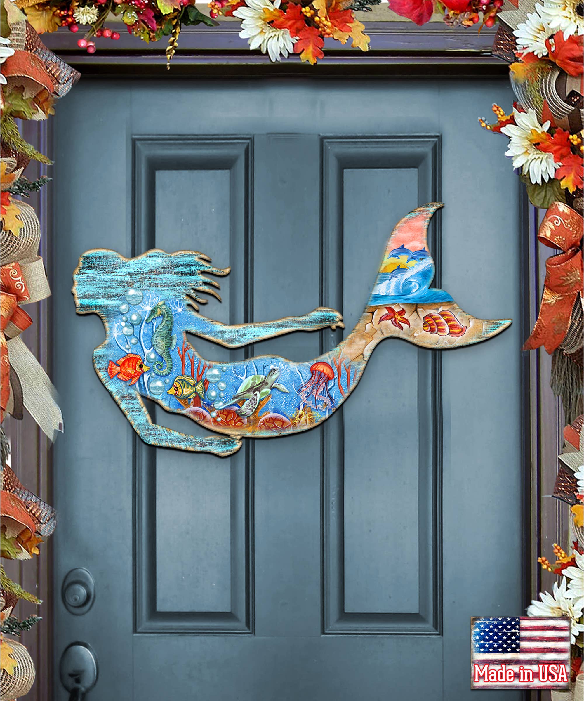 Designocracy - Wholesale Door Hanger - Mermaid Wooden Door Hanger - Rustic Coastal Decor