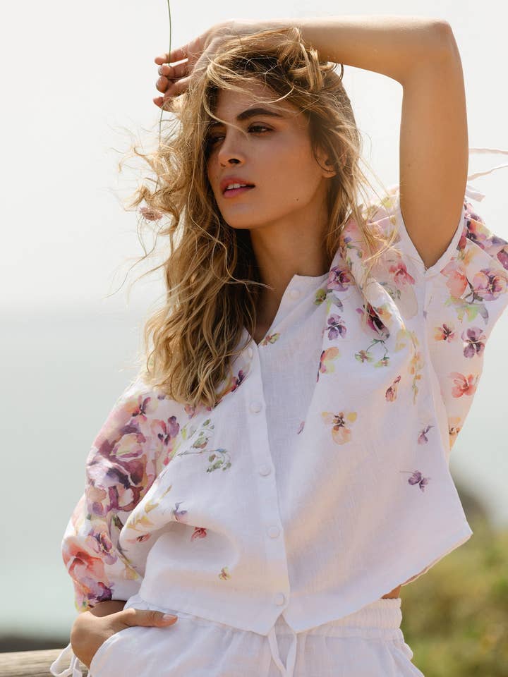 MagicLinen (We handle U.S. import procedures for you) - Wholesale Blouse - Women's - Linen Puff Sleeve Top GAYA in Blushing violet8