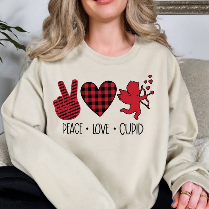 Peace Love Cupid Valentines Day Sweatshirt for wholesale by Simply Spoken Apparel