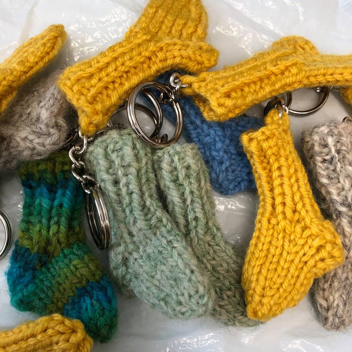 Wool Sock Keychains for wholesale by Kreative Knits by Liona Jollota