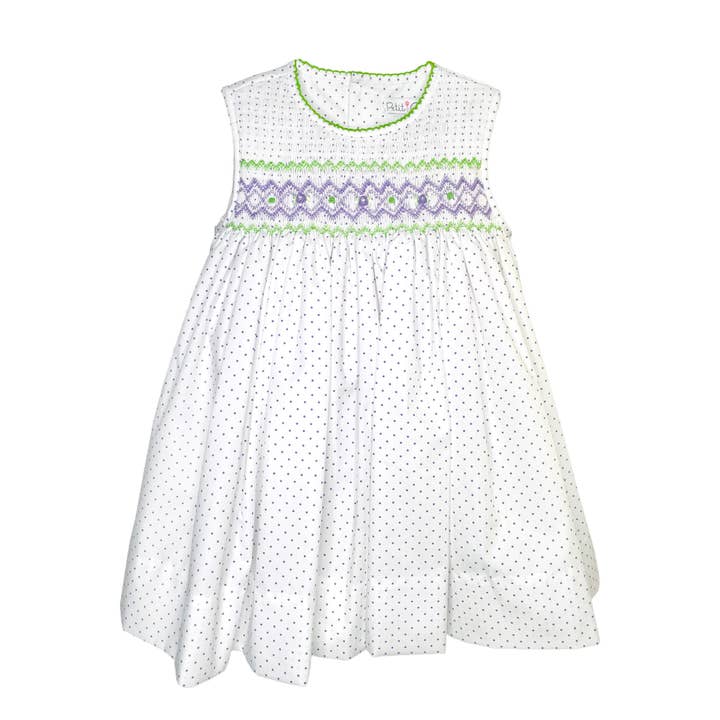 Abito smanicato a pois lavanda con smock a mano con cordoncino per la vendita all'ingrosso da parte di Petit Ami & Zubels