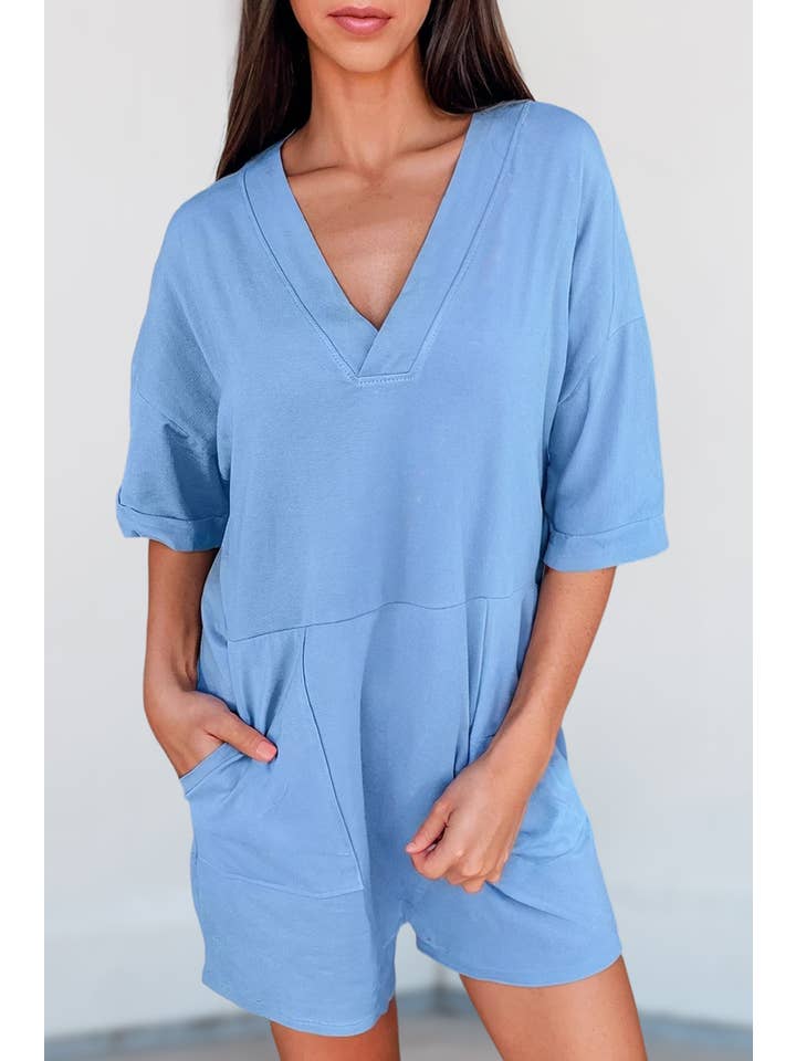 Aapparella - Wholesale Romper - Women's - Solid Half Sleeve V Neck Knit Casual Romper | S-XL