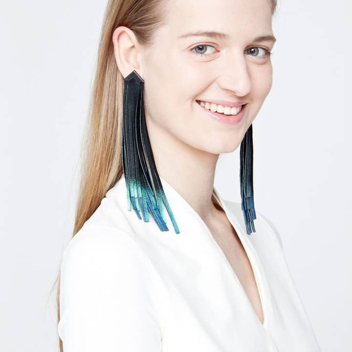 'MARA' Leather Tassel Earring / Long Black and Turquoise for wholesale by MIMIKRI Design