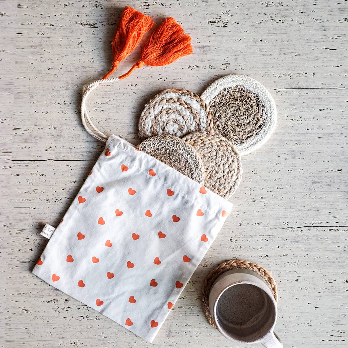 KORISSA - Wholesale Coasters - Handwoven Natural Drink Coaster • Gift Set with Heart pouch2