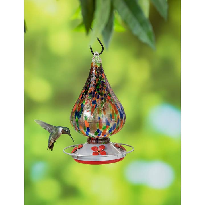 Evergreen Enterprises - Wholesale Bird Feeder - Multi-Color Speckled Art Glass Hummingbird Feeder with Bronz