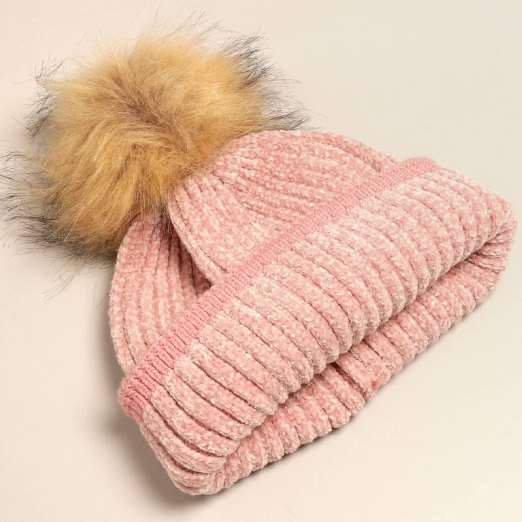Fashion City - Wholesale Beanie - Women's - Winter Solid Chenille Cuff Beanie with Pom Pom6