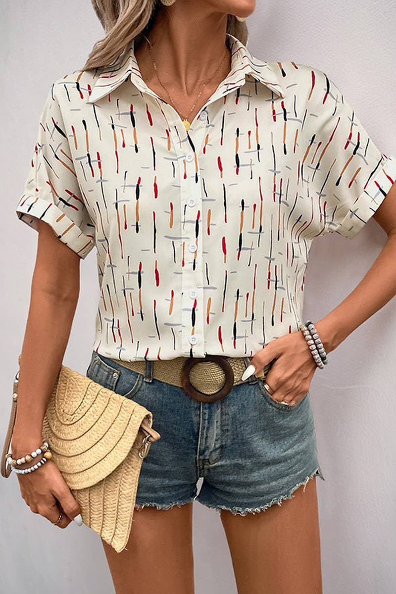 WHITE CWTSTS0516_CONTRAST LAPEL LINE PRINT SHORT SLEEVE SHIRT for wholesale on Faire1