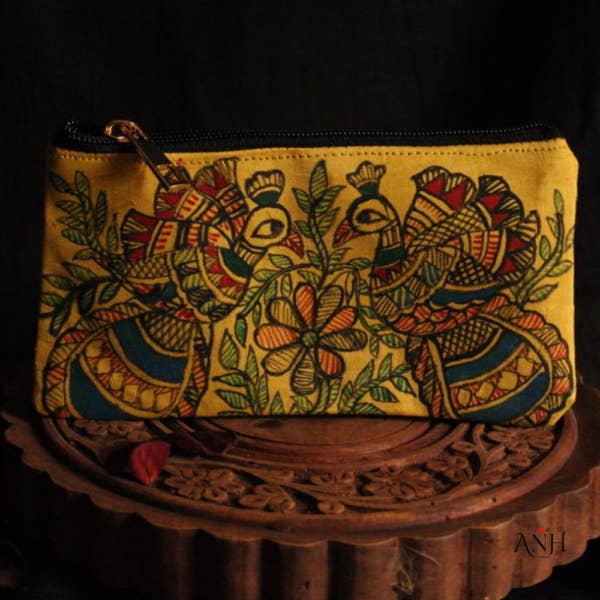 Pure Silk Madhubani Peacock Zipper Pouch for wholesale by ArtNHer London