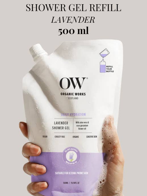 Organic Shower Gel Lavender Refill Pouch - 500ml 99% Natural for wholesale by Organic Works