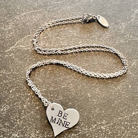 Be Mine Hand Stamped Metal Heart Necklace for wholesale by Seize The Night Designs