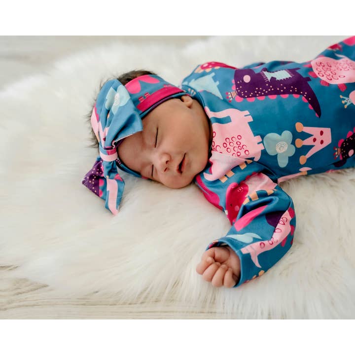 Adorable Sweetness - Wholesale Babygown Set - Baby - Girl Dino Baby Gown and Bow Headband