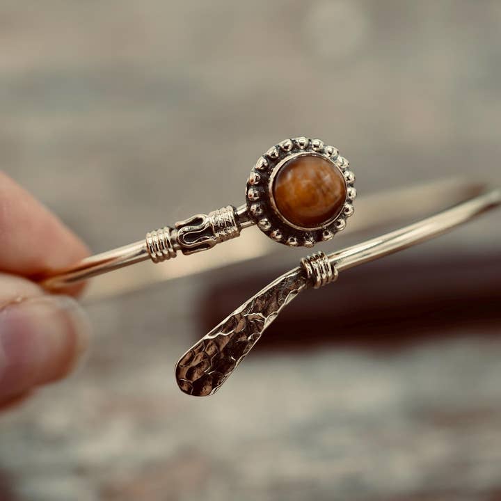 Tiger's Eye Brass Bangle Bracelet – Boho Cuff with White Gemstone – Adjustable Statement Jewellery Gift for Her for wholesale by Kaali Boutique