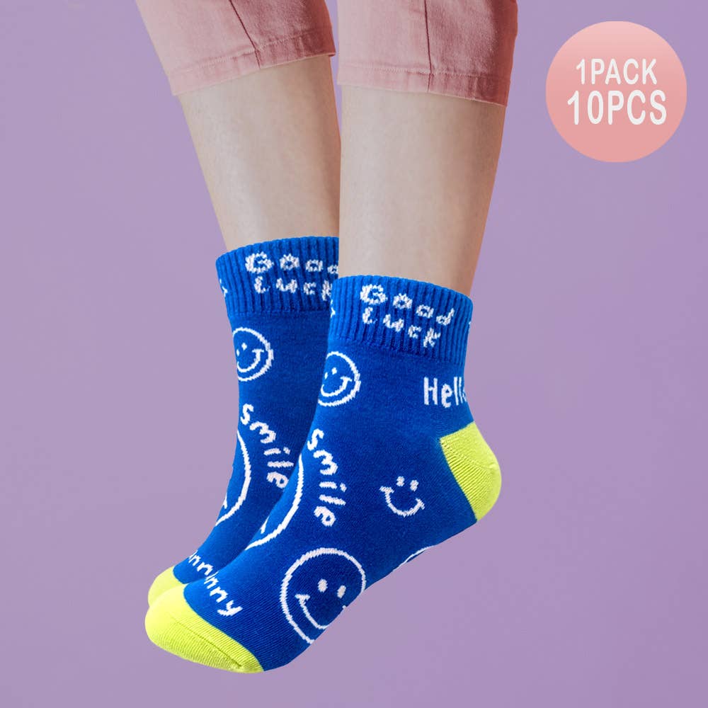 Sensibling Corp. - Wholesale Socks - Women's - 10Pairs - Smile Hello Good Luck Message Patterned Socks
4