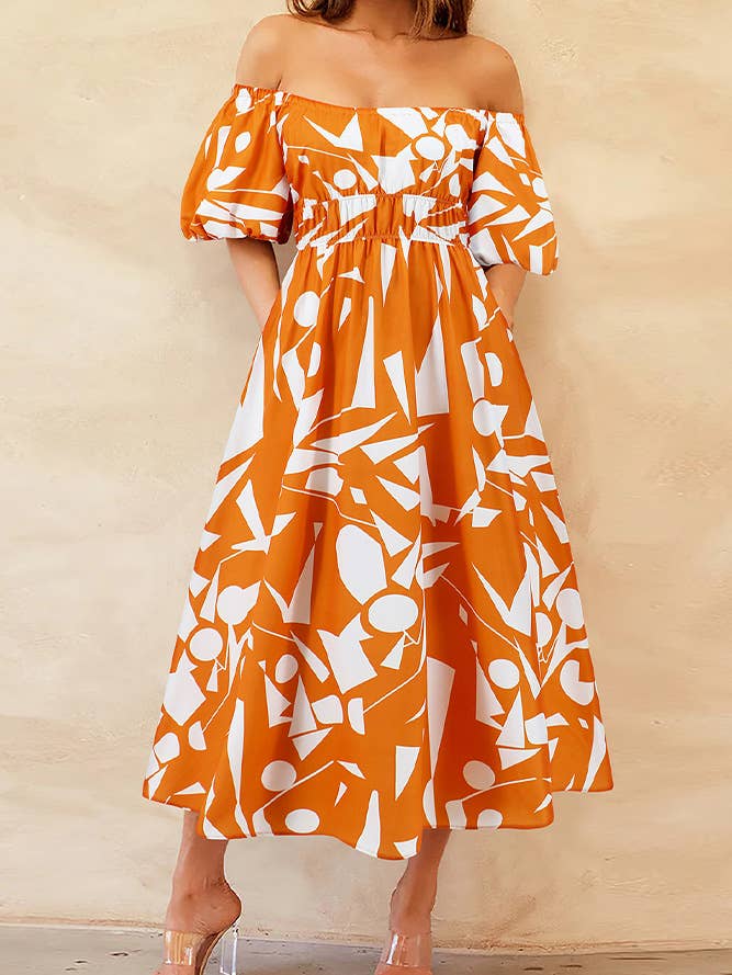 Summer Printed Off Shoulder Bubble Sleeves Maxi Dress HYG152 for wholesale by UNISHE