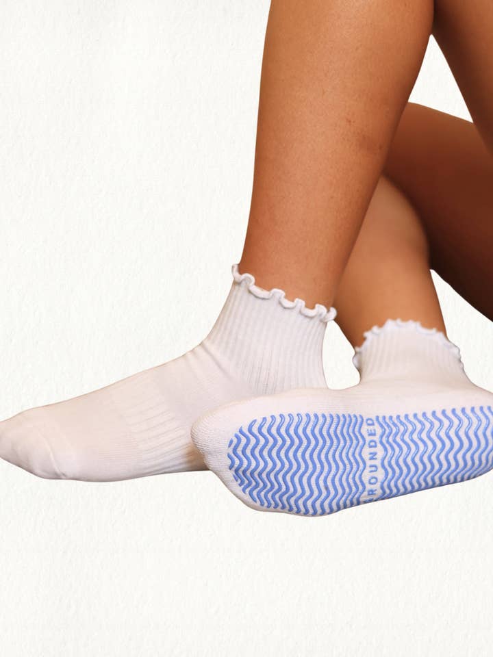 White Ruffle Grip Socks for wholesale by Grounded Grip Socks