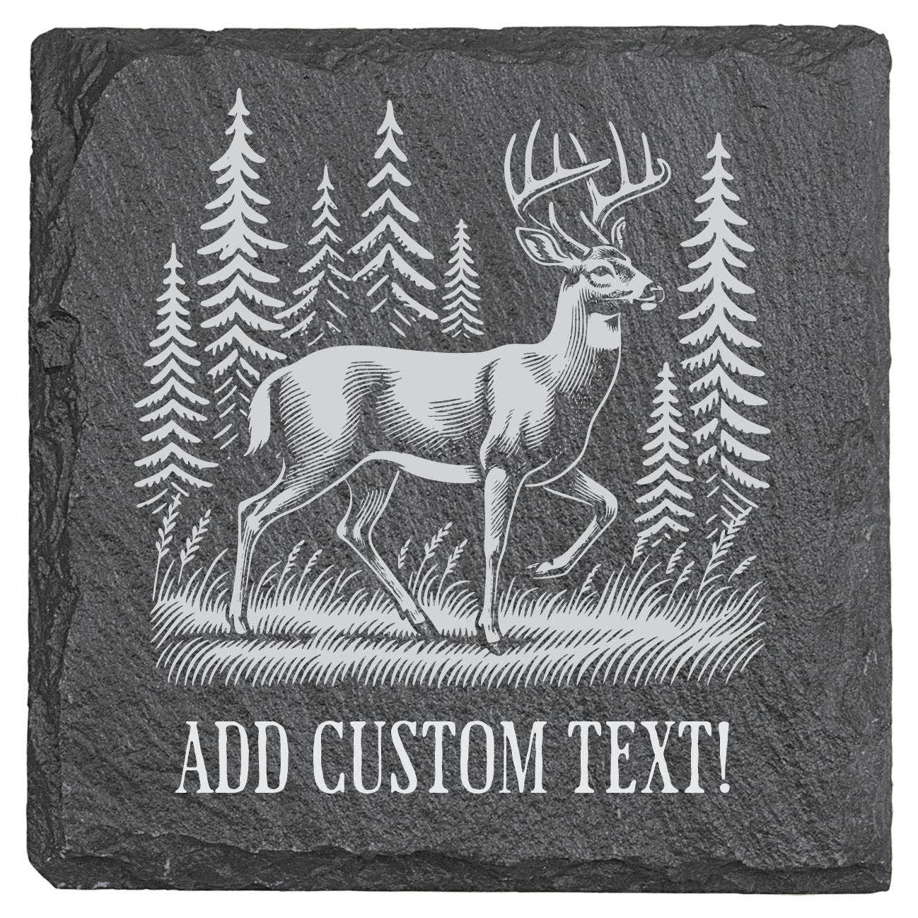 Adirondack Etching LLC - Wholesale Coasters - Square Slate Coaster - Deer Forest Engraved with Custom Text & Foam Pads2