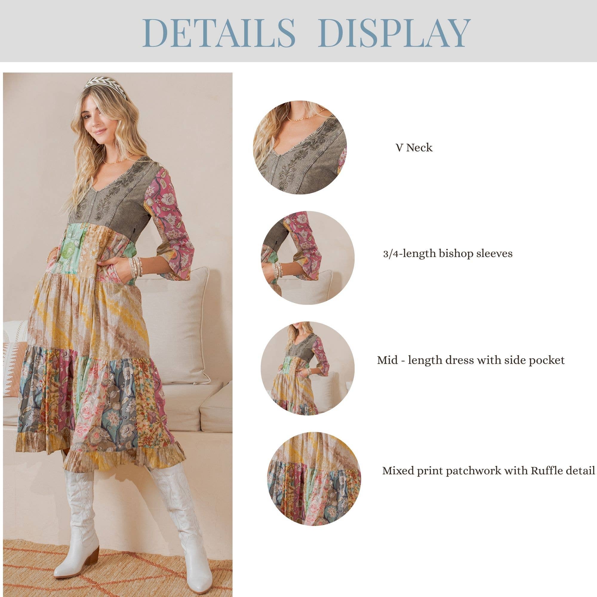 GRAVEL Rustic Bohemian : A-Line Patchwork Midi Dress  for wholesale on Faire6