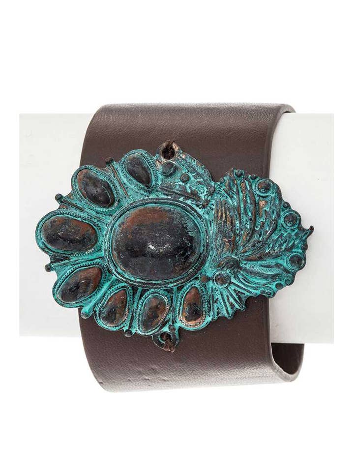 Metal Squash Blossom Charm Leather Cuff for wholesale by Artini Accessories