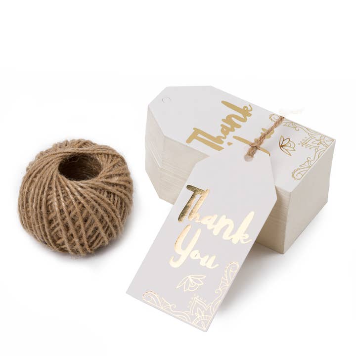 Thank You Kraft Tags with String - 100PCS White- 2''x4'' for wholesale by Wrapaholic Gifts & Packing Company