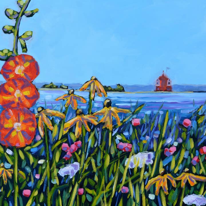 Glass Art Print "Hollyhock Views on Mackinac Island" Flower for wholesale by Dreese Fine Art