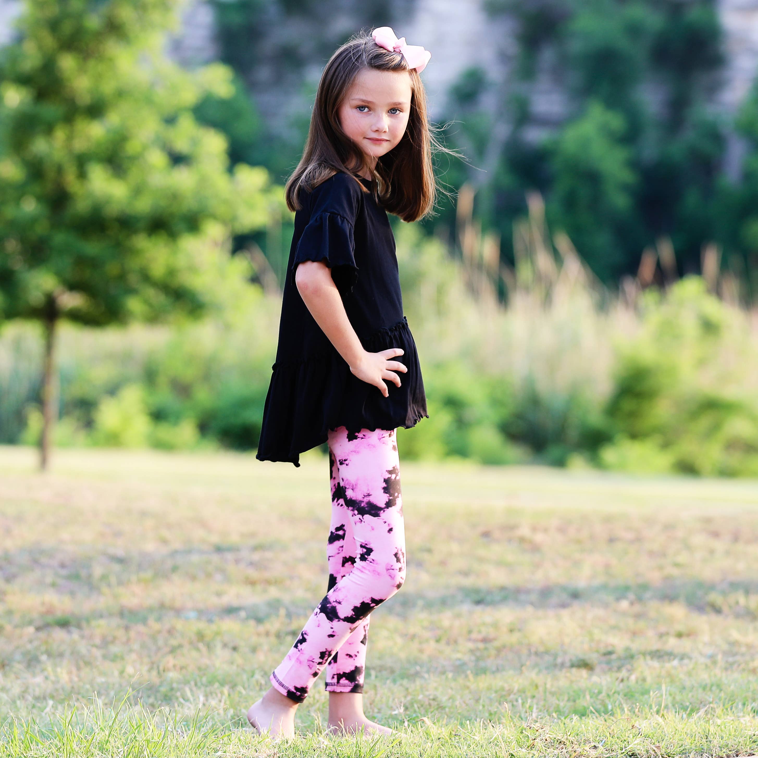 AnnLoren - Wholesale Fashion Leggings - Kids - AnnLoren Girls Leggings Black & Pink Tie Dye Kids Clothing3