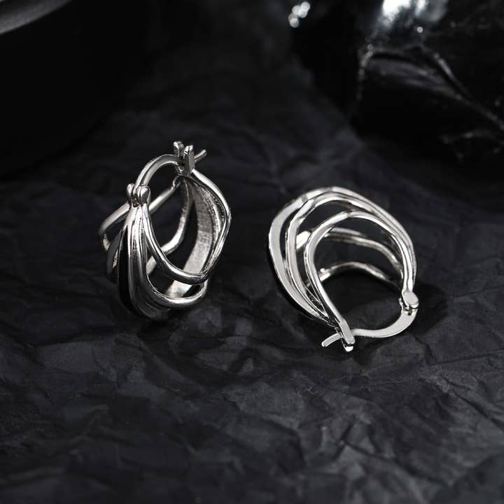 PARAGON CAT - Wholesale Hangende/ronde oorbellen - 925 zilveren opengewerkte meerlaagse onregelmatige eenvoudige oorbellen4