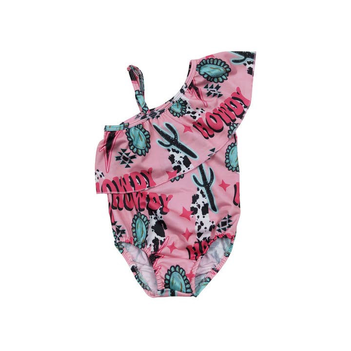 Aier Wholesale - Wholesale One Piece Swimsuit - Kids - Baby Girls Howdy Turquoise Western One Piece Ruffle Swimsuit